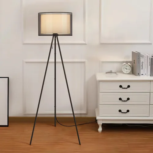 Vista 9 de KDG Lámpara de pie moderna, lámpara de trípode alta para sala de estar, dormitorio, oficina; pantalla de tela, bombilla LED, luz cálida (negro)