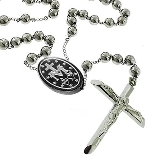 Vista 2 de Catholic - Collar para hombre con cuentas de rosario de acero inoxidable, bola de 0.315 in