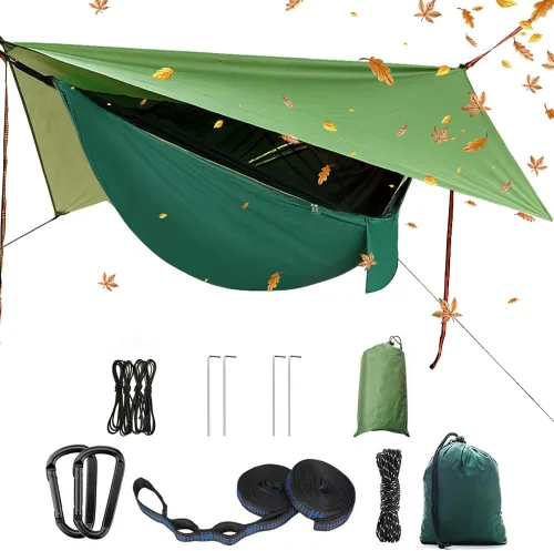Vista 9 de Juego de hamaca de paracaídas portátil de nailon doble de alta resistencia, hamaca de campamento con lona para moscas de lluvia y mosquitera