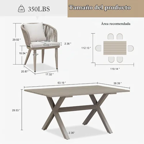 Vista 9 de PURPLE LEAF Juego de muebles para patio de 7 piezas, juego de mesa y sillas de mimbre para exteriores, marco rectangular de aluminio para jardín