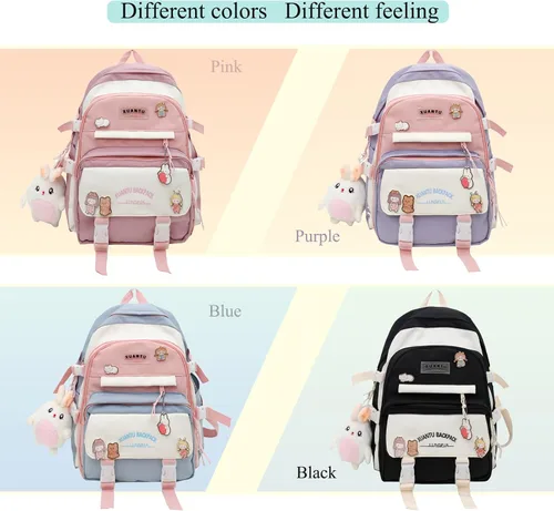 Vista 3 de YJMKOI Mochila Kawaii Girl con bonito colgante de muñeca de peluche, bonita mochila escolar primaria, mochila estética para niñas adolescentes