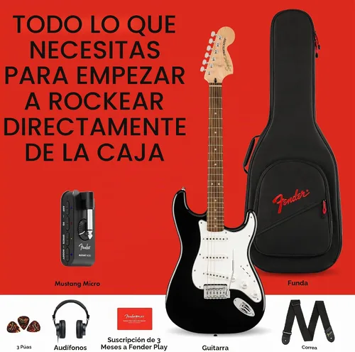 Vista 5 de Fender Affinity Series Stratocaster Mustang Micro Pack, diapasón de laurel, negro, bolsa de concierto, HD9, EE. UU., CA, UE, AU, JP Includes