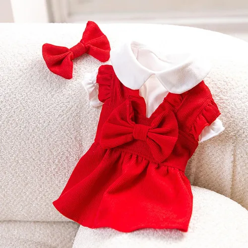 Vista 2 de Suéter Vestido de Pana Roja para Perros Pequeños Hembra Conjunto Vestido de Invierno para Perros Ropa de Cachorro Navidad