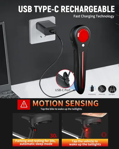 Vista 6 de DARKBEAM Luz trasera inteligente para bicicleta, con sensor de freno/luz, recargable USB-C, IP64 impermeable, 5 modos de luz, luz trasera