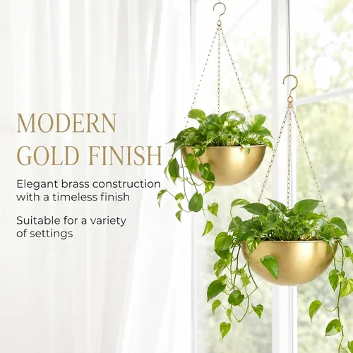 Vista 6 de AceList Paquete de 2 macetas colgantes doradas para plantas de interior, colgador de plantas de metal bohemio de 9.8 pulgadas para interiores