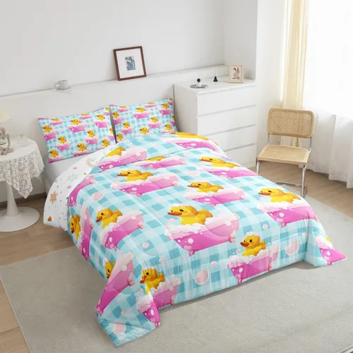 Vista 3 de Erosebridal Juego de ropa de cama a cuadros azul para niños, juego de cama individual con diseño de patos amarillos de dibujos animados, juego