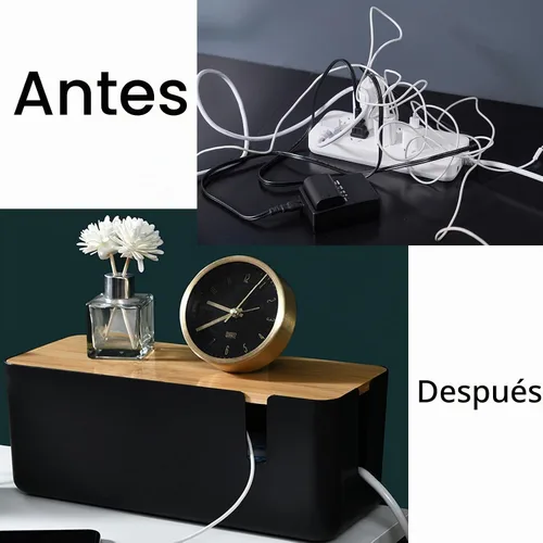 Vista 7 de Changsuo Caja de organización de cables con tapa de bambú, pequeña caja organizadora de cables para cable de extensión, protector de sobretensiones
