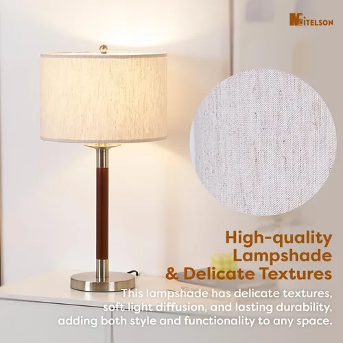 Vista 6 de Lámpara moderna de mediados de siglo con interruptor regulable y bombilla, lámpara de noche LED para dormitorio, lámpara de mesa de madera
