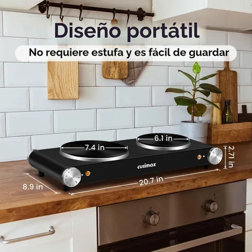 Vista 5 de Cusimax - Placa de cocción eléctrica de 1800 W, estufa eléctrica portátil para cocinar, hornalla doble, con control de temperatura ajustable