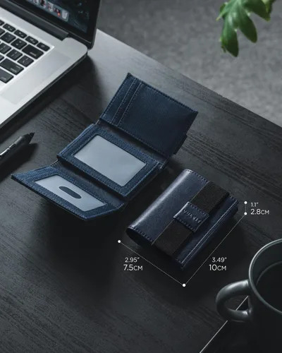 Vista 2 de VULKIT Cartera minimalista de cuero con bloqueo RFID triple con banda elástica, soporte delgado para tarjetas de crédito con 3 ventanas