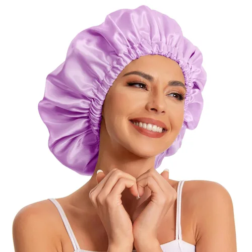 Vista 8 de Gorro de satén de seda para dormir, gorro de satén para dormir, gorro de satén para dormir para cabello natural y rizado (negro y verde negruzco)