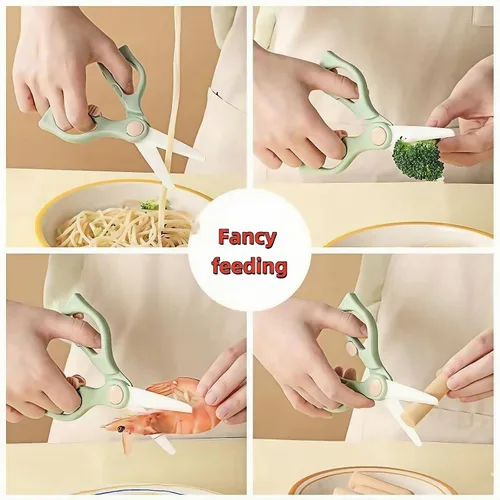 Vista 7 de Tijeras de comida para bebés, tijeras de cocina de cerámica seguras para niños pequeños con bloqueo de seguridad y estuche de viaje, las mejores