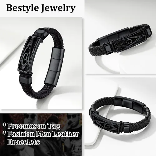 Vista 4 de Bestyle Pulseras vikingas trenzadas de cuero genuino para hombres y niños, pulseras vintage de martillo de Thorcalaveramasónico masón con cierre,