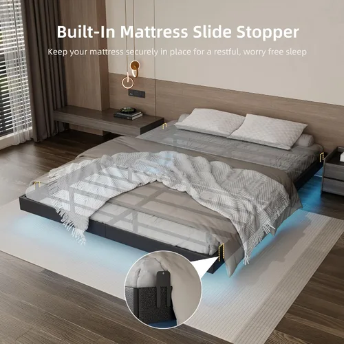 Vista 7 de Base de cama flotante de tamaño matrimonial con luces LED y estación de carga, marco de cama de plataforma de metal sintético negro, fácil montaje