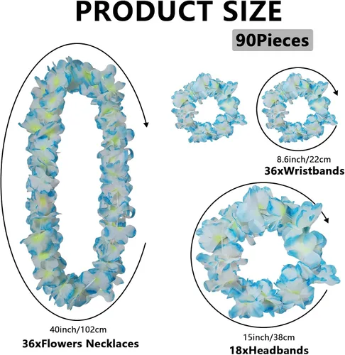 Vista 2 de 48 piezas de Leis hawaianos gruesos a granel, revelación de género Leis Blue Jumbo 12 diademas 24 pulseras, 12 collares florales para fiesta Luau