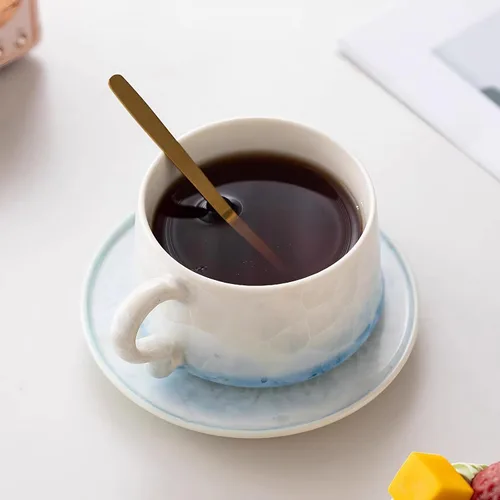 Vista 6 de Juego de 2 tazas de té y platillos KAMMAK, tazas de café de porcelana, 7.5oz tazas de expreso con esmalte cristalino, tazas de cerámica demitaza