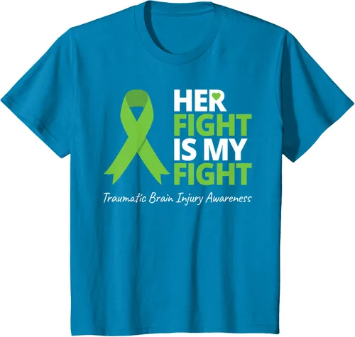 Vista 5 de Camiseta con cinta verde de la conciencia de la TBI, con texto en inglés "Her Fight Is My Fight" Jaspeado Oscuro