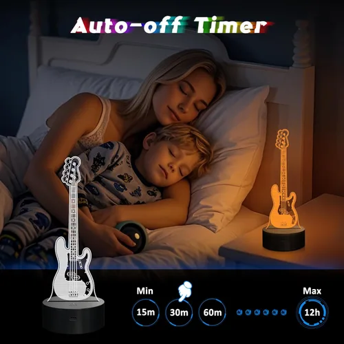Vista 4 de CoolGift Mart Luz Nocturna de Guitarra Bajo, Lámpara LED 3D de Ilusión Óptica con Control Remoto y Temporizador, Regalos para Jugadores de Guitarra