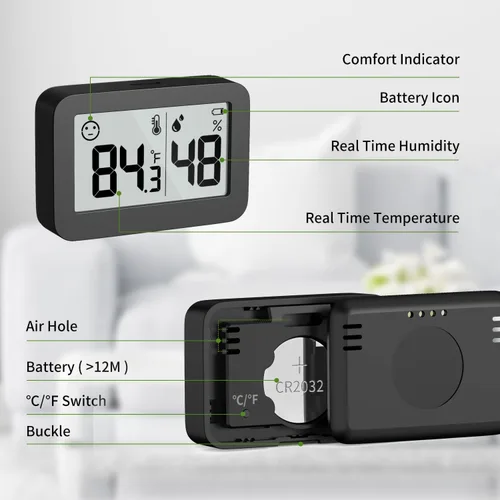 Vista 7 de Mini Higrómetro Termómetro de Interior, Medidor Digital de Humedad con Botón de Cambio Celsius Fahrenheit, Medidor de Humedad Monitor de Temperatura