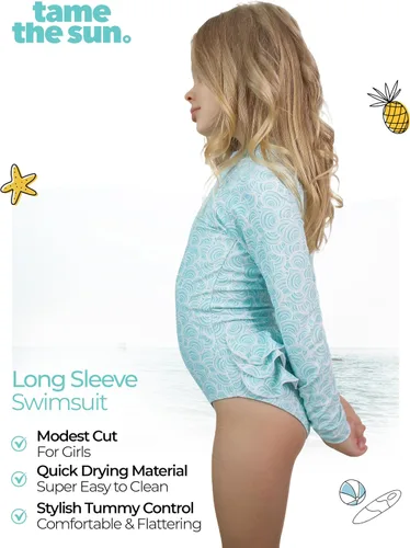 Vista 3 de Tame the Sun Traje de baño de manga larga para niña, con volantes, UPF 50+ con cremallera, traje de baño para edades de 3 a 12 años