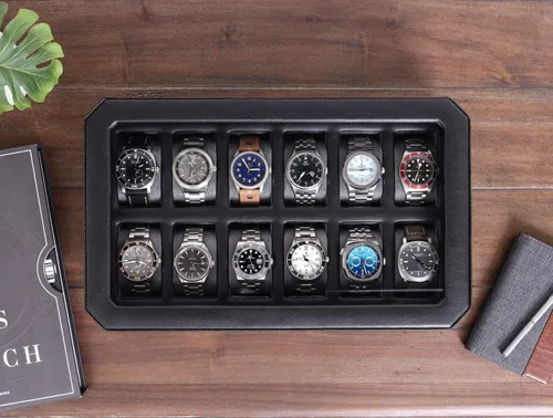 Vista 4 de ROTHWELL Juego de regalo de 12 ranuras de cuero y caja de viaje a juego de 5 relojes, organizador de exhibición de lujo para relojes, soporte