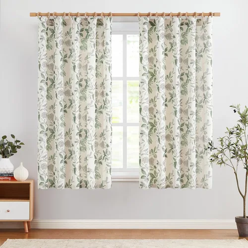 Vista 2 de Jinchan Cortinas de lino para sala de estar de 63 pulgadas de largo, con estampado de hojas tropicales, cortinas botánicas de lino estilo rústico