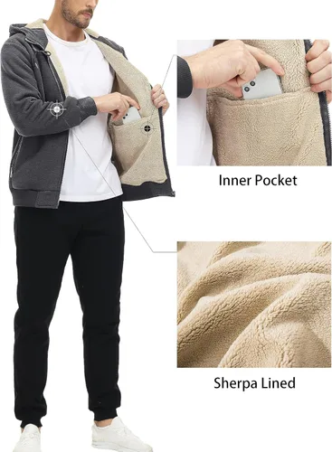 Vista 5 de MAGCOMSEN Chaqueta Sherpa con capucha de forro polar para hombre, con cremallera completa, cálida, mullida, resistente al viento, abrigos