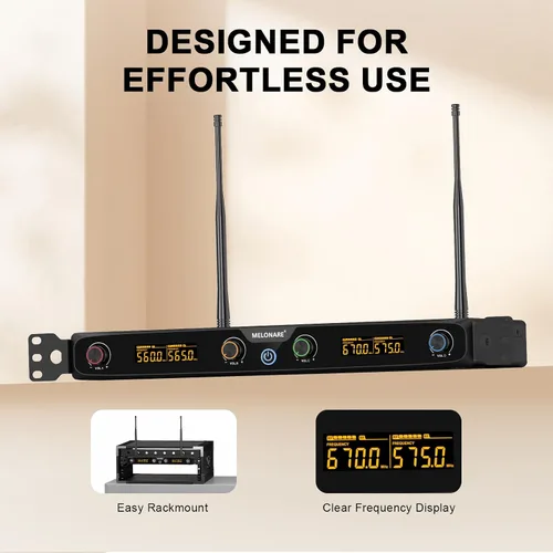 Vista 6 de MELONARE Sistema de micrófono inalámbrico de 4 canales, juego de micrófono inalámbrico UHF para montaje en rack con 4 frecuencias de 10, rango