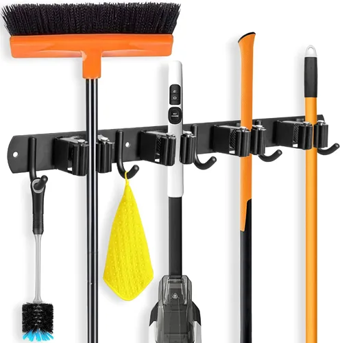 Vista 8 de IMILLET Soporte para escoba y fregona montado en la pared, soporte para escoba de acero inoxidable, soporte para fregona, organizador de 3 estantes