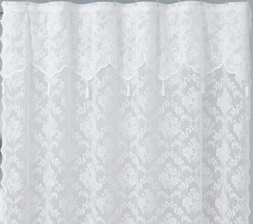 Vista 2 de ASATEX Cortina de ducha de encaje blanco. Cortina de baño de diseño floral clásico de 72 x 72 pulgadas con cenefa adjunta y borlas. Cortinas