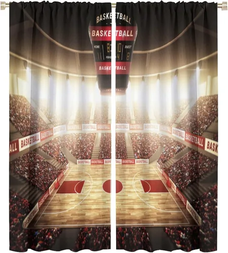 Vista 24 de Cortinas deportivas de baloncesto para niños, patrón de llama de bola 3D naranja, 42 pulgadas de ancho x 45 pulgadas de largo