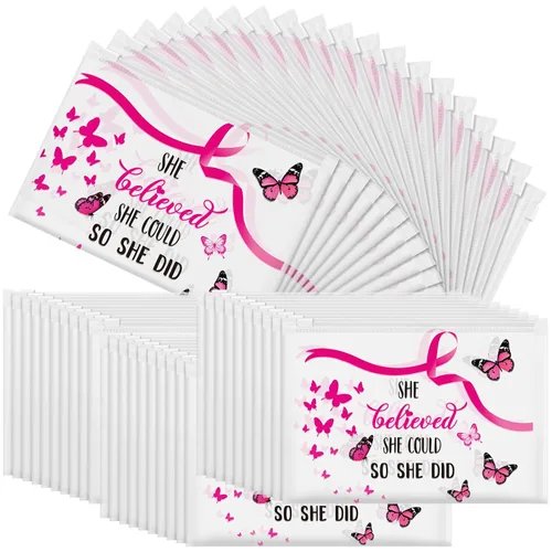 Vista 7 de Abbylike 100 bolsas de maquillaje para concientización sobre el cáncer de mama, bolsas de cosméticos a granel con cinta rosa, regalos