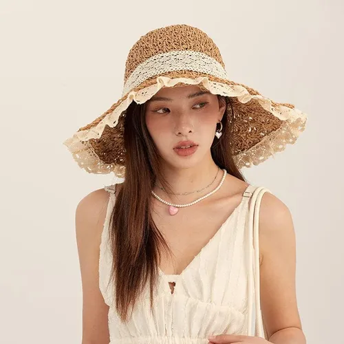 Vista 3 de Sombrero de sol para mujer, de ala ancha, con encaje, con protección UPF 50+, plegable, para verano, viajes, paja