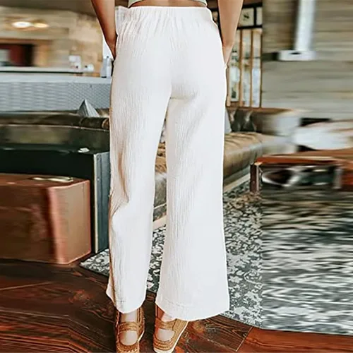 Vista 2 de Timbrigte Women Casual Crop Pants Solid Elastic Waist Drawstring Pleated Wide Leg Pants with Pockets