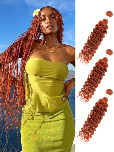 Vista 9 de Cabello Humano Rizado Castaño Rojizo, Trama Gruesa Castaño Cobrizo Rojo Coloreado Ondas Profundas Paquetes Individuales Cabello Humano 12A Tejido