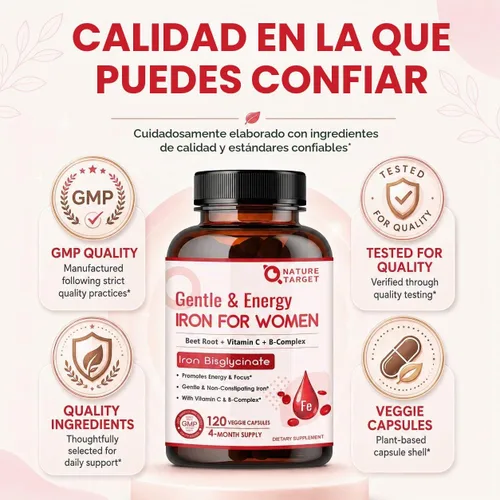 Vista 4 de NATURE TARGET Suplemento de hierro para mujeres, 25 mg de bisglicinato