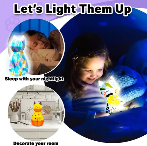 Vista 4 de FUNZBO 2 piezas Pintar tu propia lámpara de gato - Suministros de arte y manualidades, kits de pintura de gatitos para niños y adolescentes, juguete