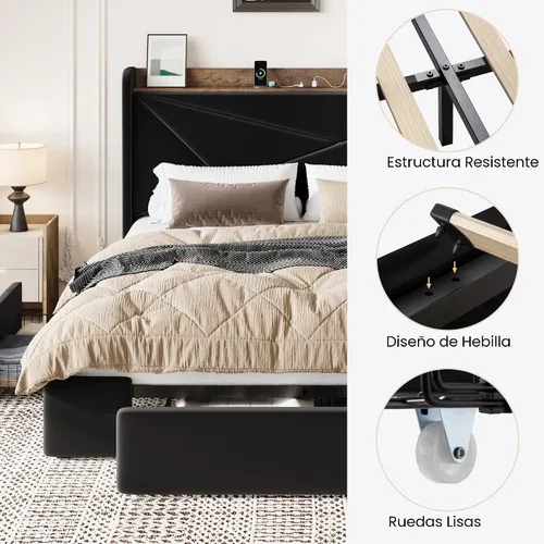 Vista 9 de SHA CERLIN Base de cama tamaño matrimonial con 3 cajones, puertos de carga USB y tipo C, cama plataforma tapizada en terciopelo con cabecera