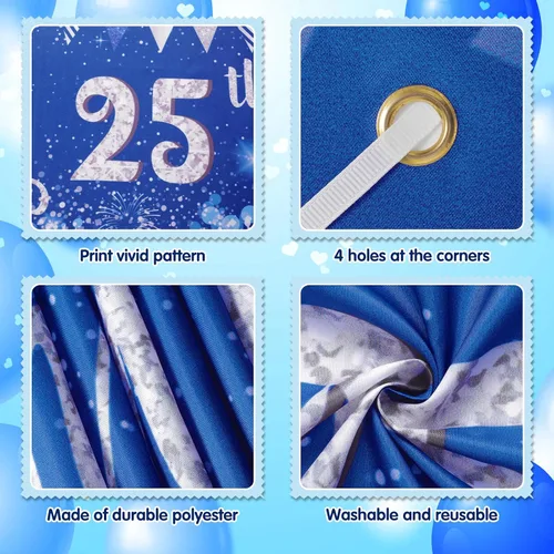 Vista 2 de Decoraciones azules plateadas para el 25 aniversario para hombres y mujeres, pancarta azul feliz 25 aniversario y 18 globos para suministros