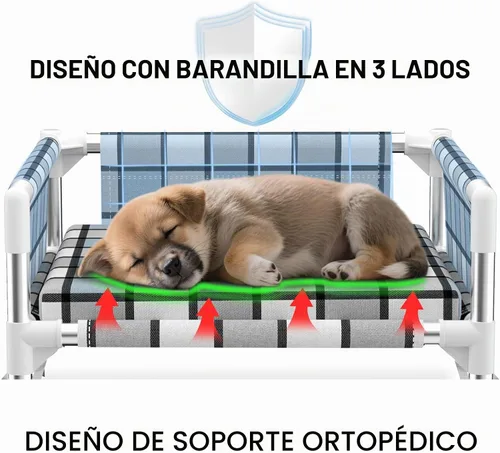 Vista 2 de Cama elevada para perros con barandilla y cojín, cama elevada para perros de 3 vallas