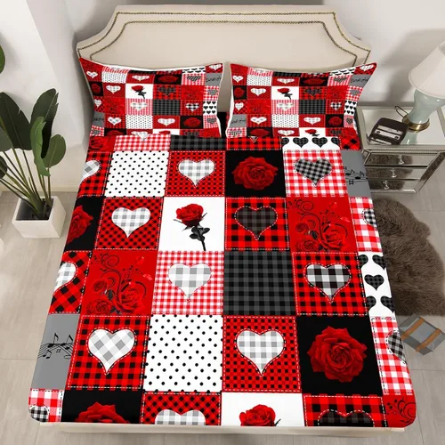 Vista 2 de Juego de sábanas femeninas de flores de rosas rojas, tamaño individual, juego de ropa de cama para el día de San Valentín, decoración de habitación