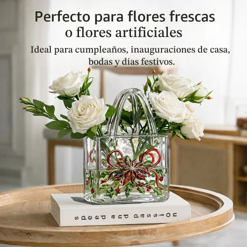 Vista 8 de Jarrón con textura floral pintado a mano, jarrón de cristal en forma de bolso de 9.1 pulgadas con patrones 3D, centro de mesa botánico engrosado