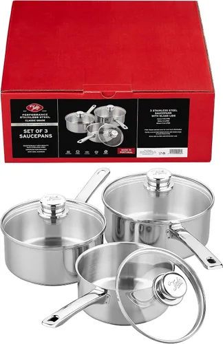 Vista 7 de Tala Performance - Juego de utensilios de cocina de acero inoxidable de 3 piezas, cacerolas con tapas de vidrio, 16, 18 y 7.9 in. Fabricado