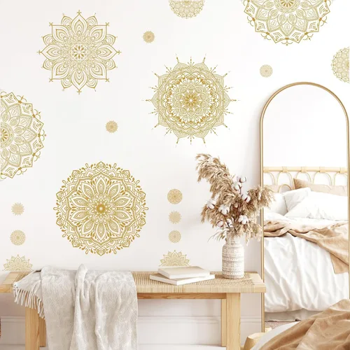 Vista 13 de Kazova Calcomanía de pared de mandala grande, murales artísticos negros para despegar y pegar, calcomanías de mandala boho para dormitorio, sala