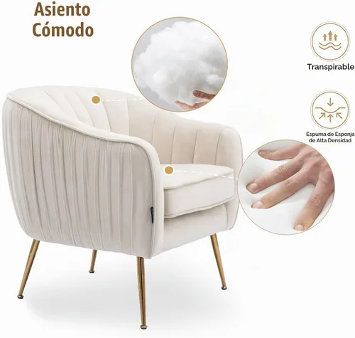 Vista 5 de Silla de Acento de Terciopelo, Silla Moderna de Barril, Sillas con Brazos para Sala de Estar y Dormitorio, Acabado Dorado, Beige
