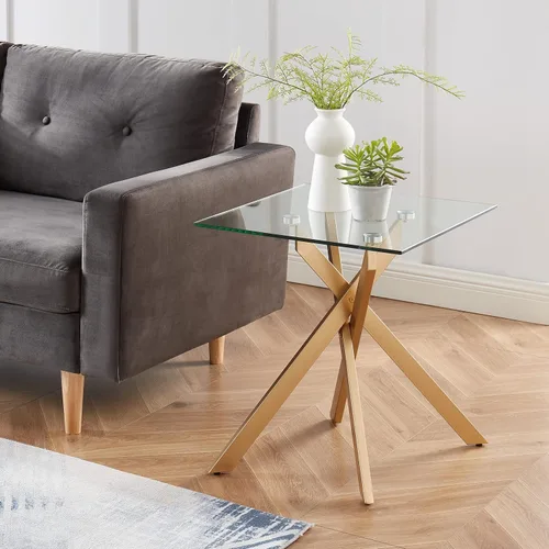 Vista 9 de JYED DECOR Mesa de centro con tapa de vidrio templado (oro, mesa de centro rectangular)