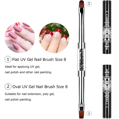 Vista 3 de Juego de 2 cepillos de diseño de uñas de doble extremo con mango de diamantes de imitación, juego de cepillos de uñas de gel UV, herramientas