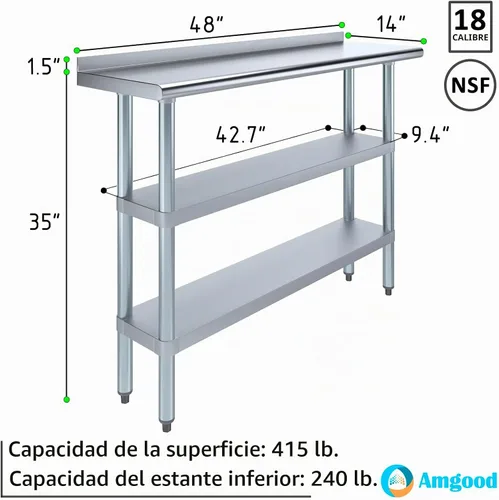 Vista 3 de AmGood Mesa de trabajo de acero inoxidable con protector contra salpicaduras de 1.5 pulgadas y 2 estantes Mesa de cocina de metal para preparación