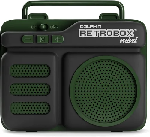 Vista 4 de Retrobox Mini de Dolphin, altavoz Bluetooth portátil para lugar de trabajo con MP3, radio FM, AUX, batería duradera y duradera (verde militar)
