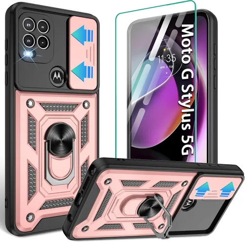 Vista 14 de Gritup Funda para Moto G Stylus 5G-2021 con cubierta deslizante para cámara 1 paquete de protectores de pantalla HD Soporte de metal giratorio